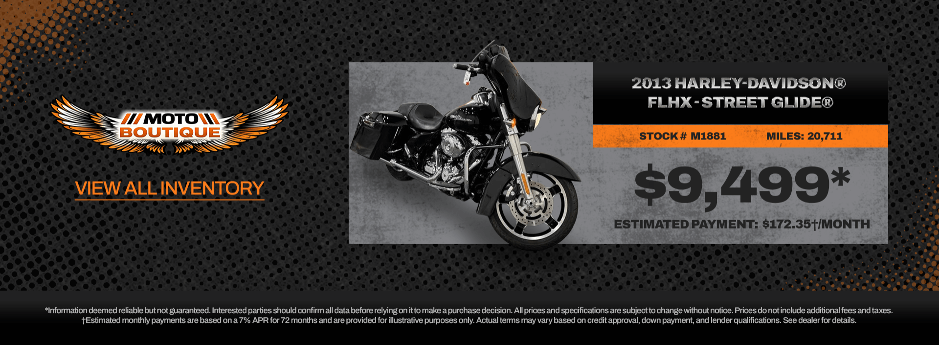 2013 Harley-Davidson FLHX Street Glide touring motorcycle available at Moto Boutique for $9,499.