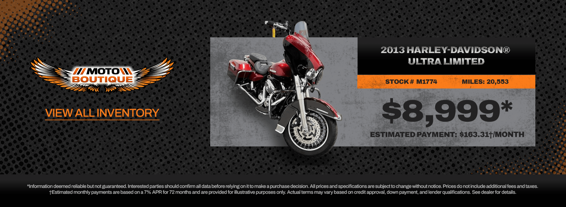 2013 Harley-Davidson Ultra Limited touring motorcycle available at Moto Boutique for $8,999.