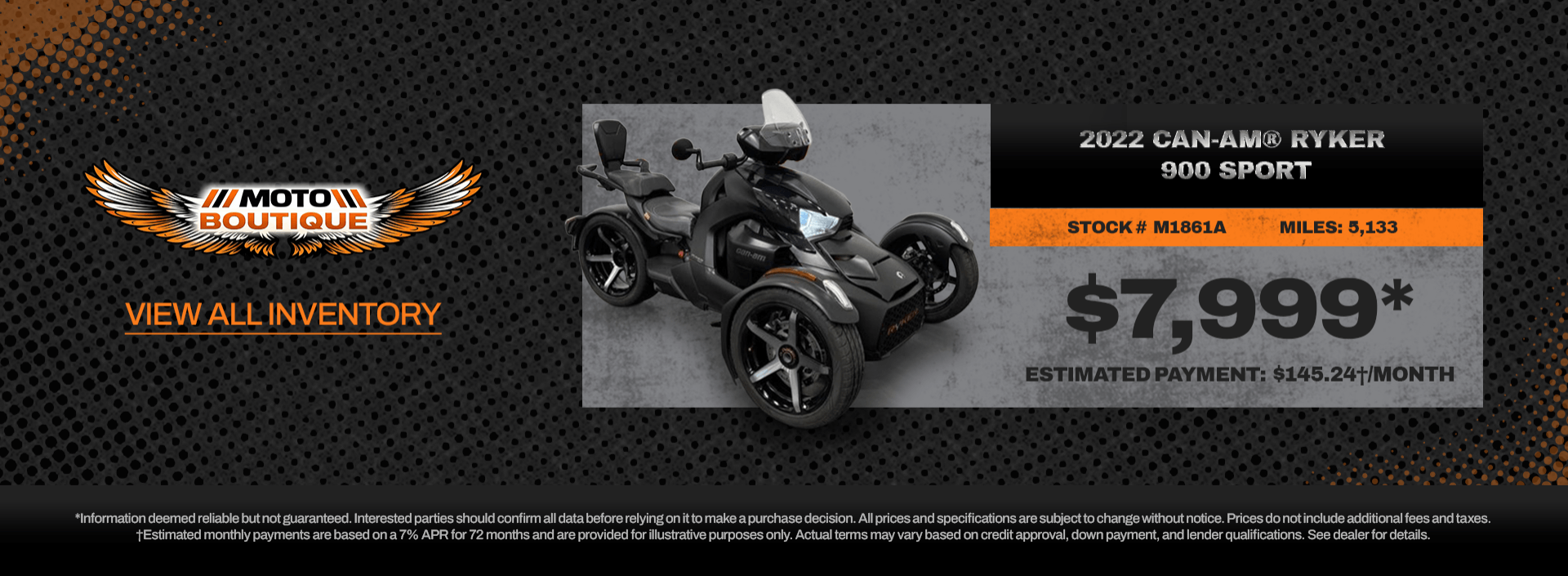 2022 Can-Am Ryker 900 Sport three-wheel motorcycle available at Moto Boutique.