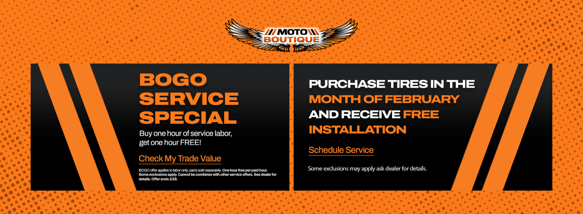 Moto Boutique BOGO service special and free tire installation promotion.